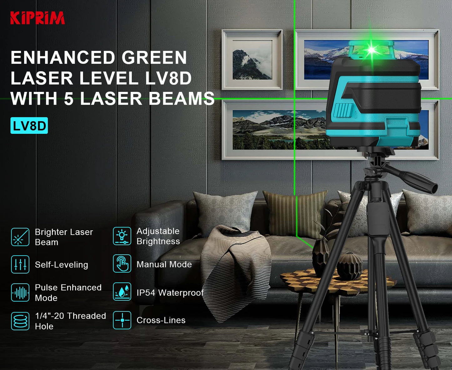 Kiprim Laser Level 2 Lines/5 Lines 360 Automatic Leveling Level Construction Tool Equipment Green Light Professional Cross Laser