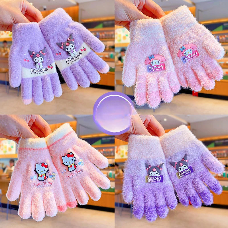 Sanrio Gloves Kawaii My Melody Kuromi Cold-Proof Winter Finger Gloves Plush Screen Touch Warm Children Toddler Christmas Gifts