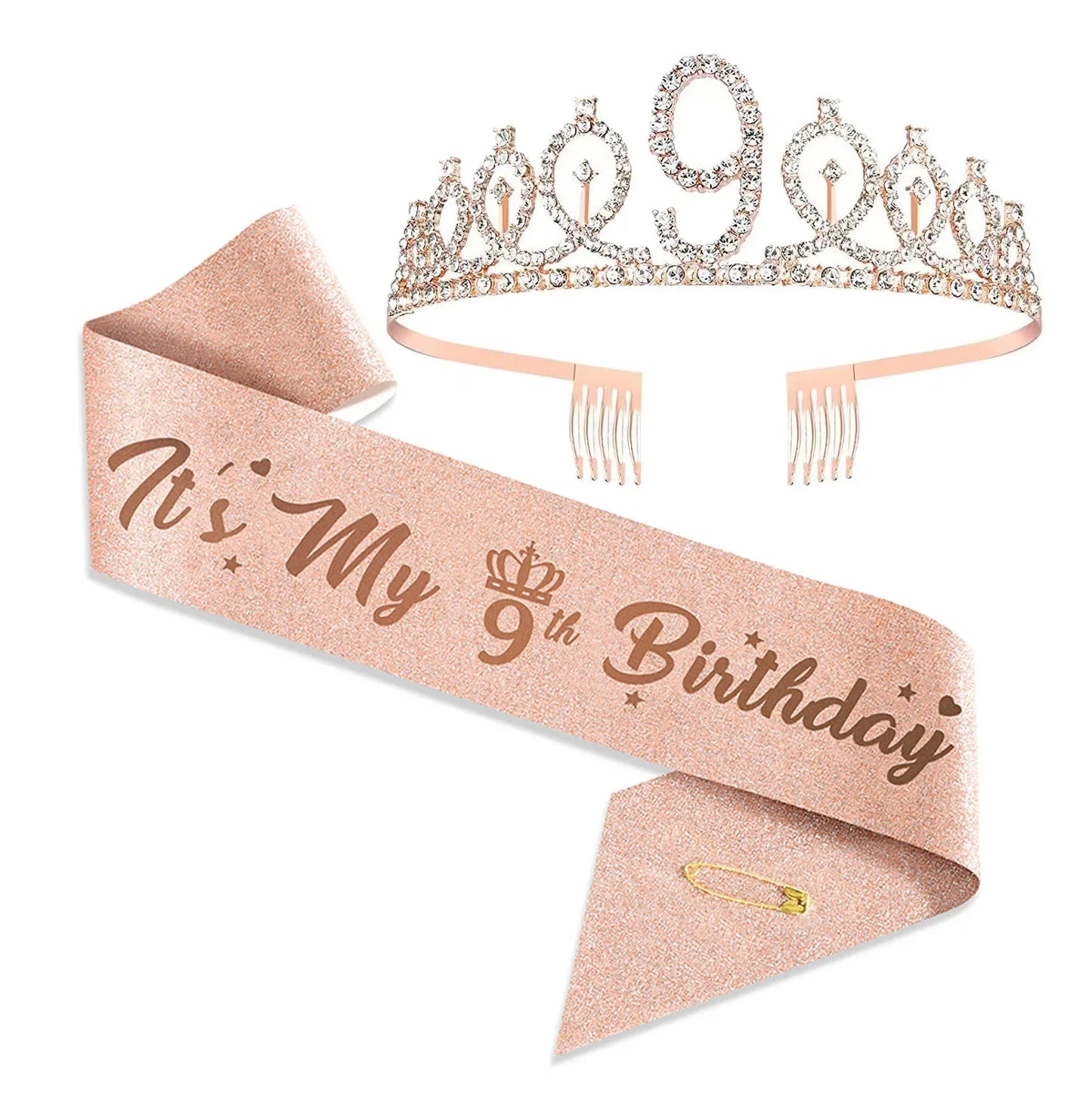 3 4 5 6 7 8 9 Rhinestone Crystal Crown Tiara Birthday Anniversary Decoration Happy Birthday Satin Sash Party Supplies