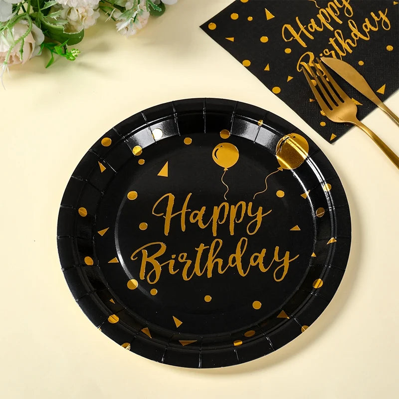 Happy Birthday Black Gold Disposable Tableware Birthday Party Decoration Adult Birthday Anniversary Supplies Paper Plate Napkins