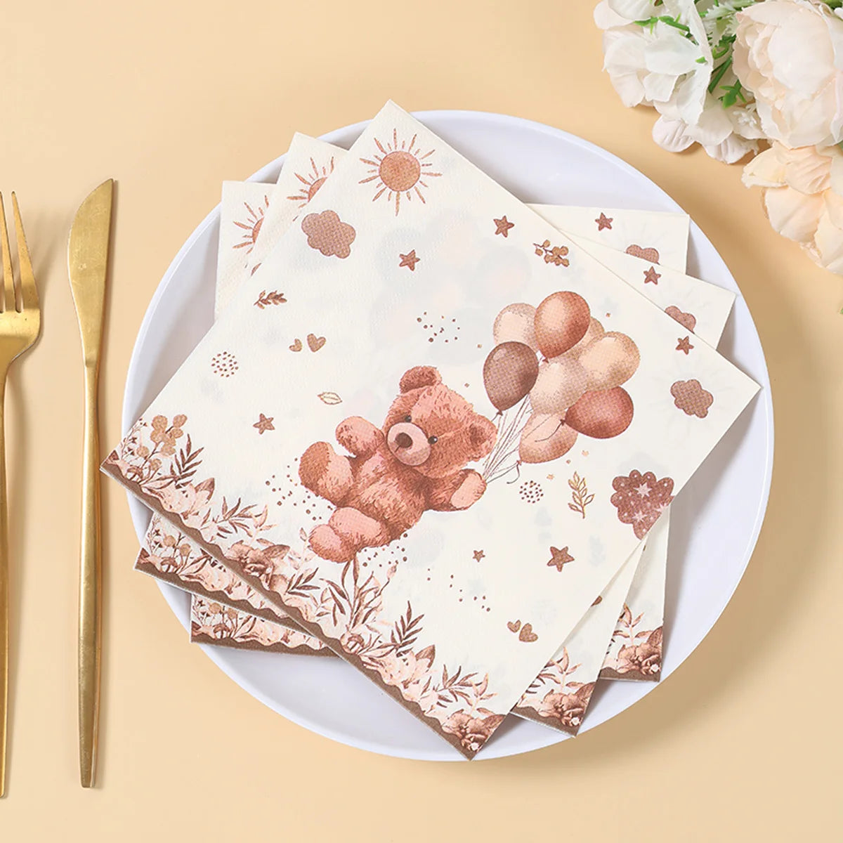 20/24pcs Disposable Tableware Brown Teddy Bear Balloon Paper Napkin Happy Birthday Party Decor Kid Boy Girl Baby Shower Supplies