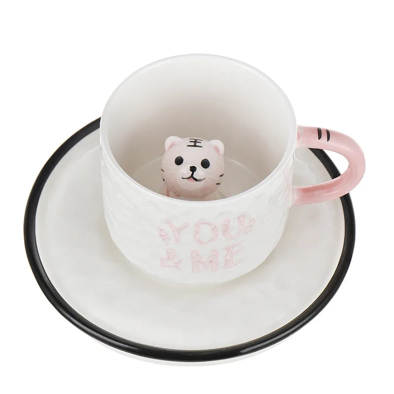 Creative Cartoon Relief Ceramic Cup Animal Inside Mug Kitty Cat Coffee Cup Milk Coffee Mug with Tray