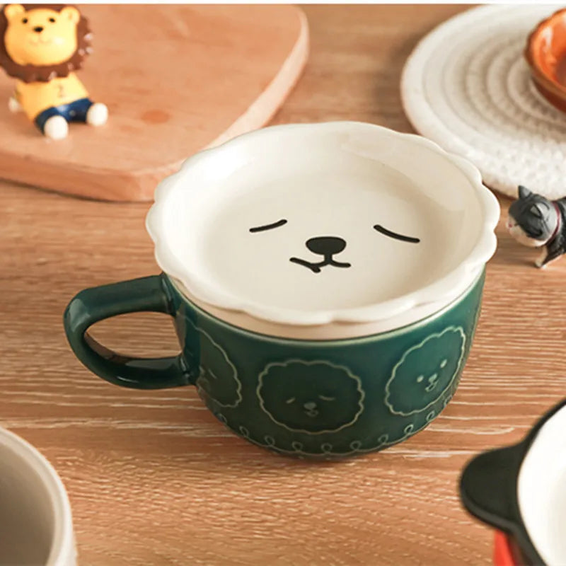 Japanese Ceramic Cartoon Animal Mug Cute Home Breakfast Mug Office Coffee Mug Couple Water Cup With Lid