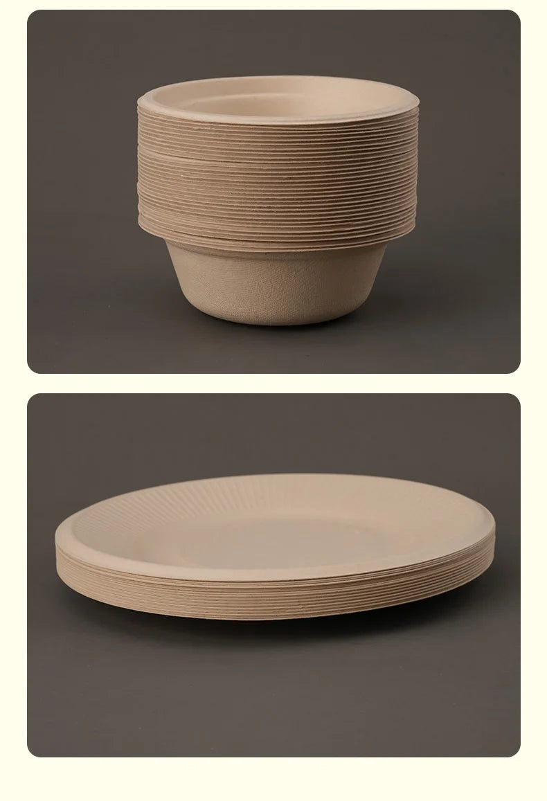 20/40pcs Disposable Paper Bowls Natural Sugarcane Paper Soup Bowls Desserts Fruit Salads Food Containers Party Dinner Plate Set