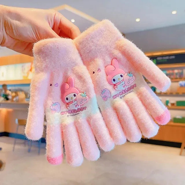 Sanrio Gloves Kawaii My Melody Kuromi Cold-Proof Winter Finger Gloves Plush Screen Touch Warm Children Toddler Christmas Gifts