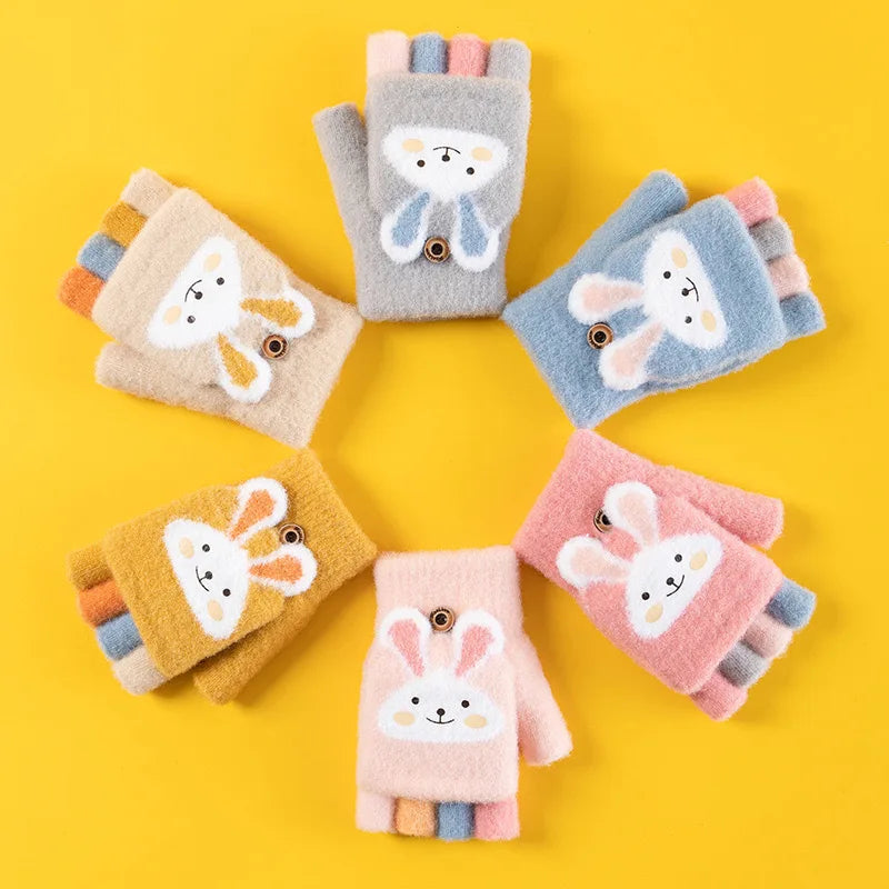 4-11 year old cartoon bunny five finger children's gloves winter thick half finger flip knitted gloves winter new warm gloves