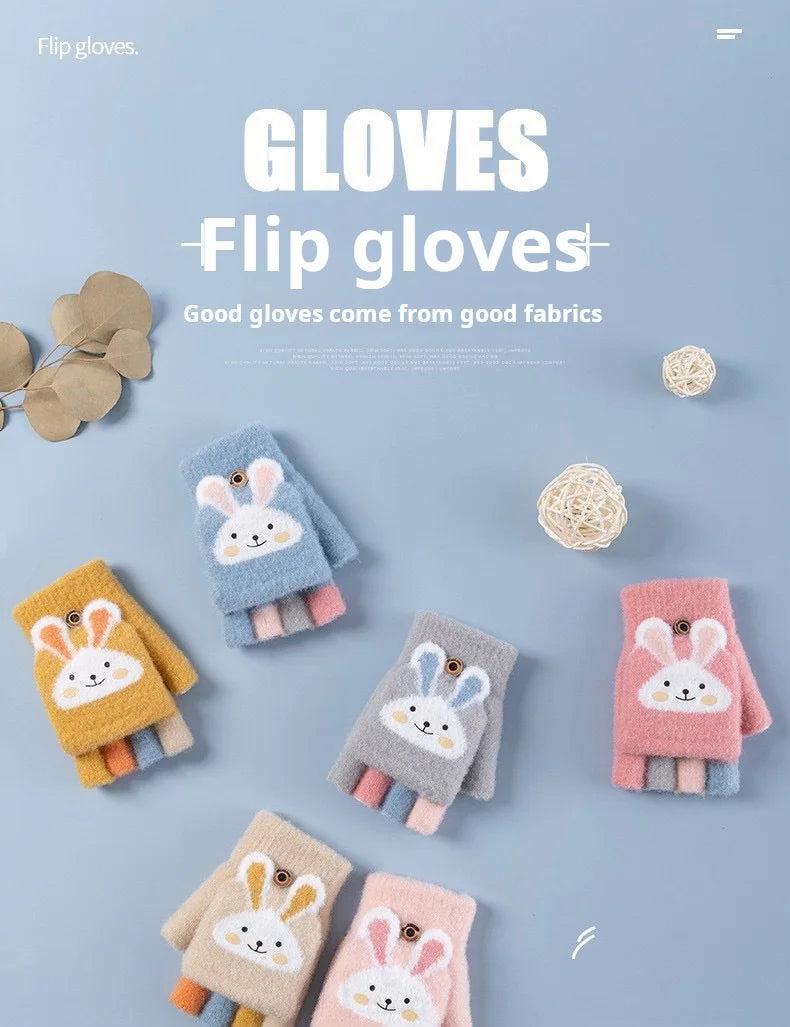 4-11 year old cartoon bunny five finger children's gloves winter thick half finger flip knitted gloves winter new warm gloves