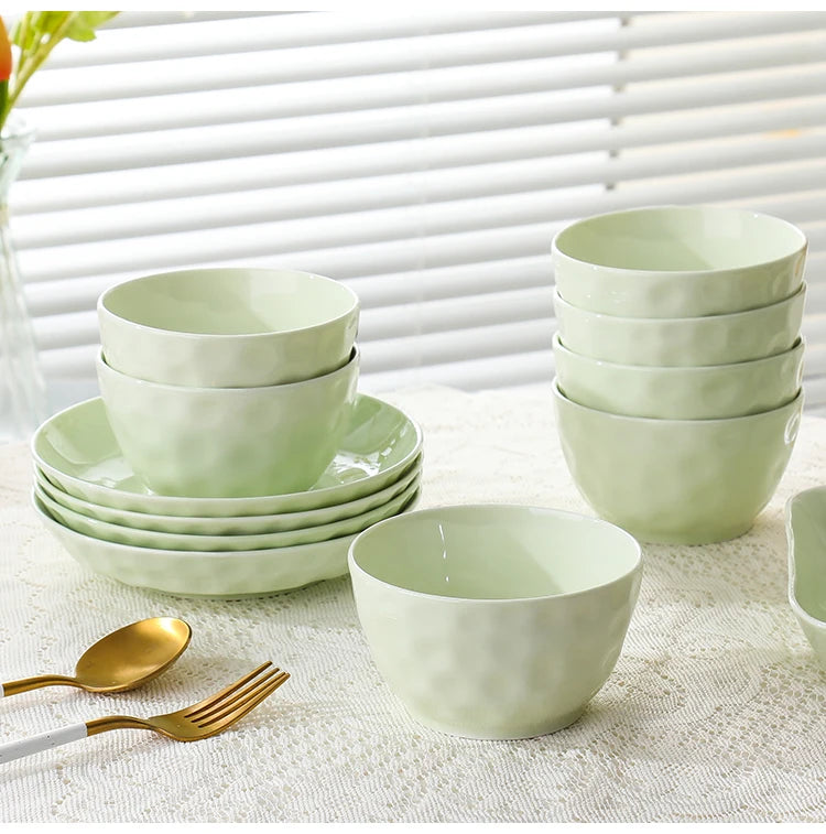 Household Solid Ceramic Rice Bowls 4.5 inch New Soup Tableware Cream Style Green Creative Underglaze Colour Instant Noodles Bowl