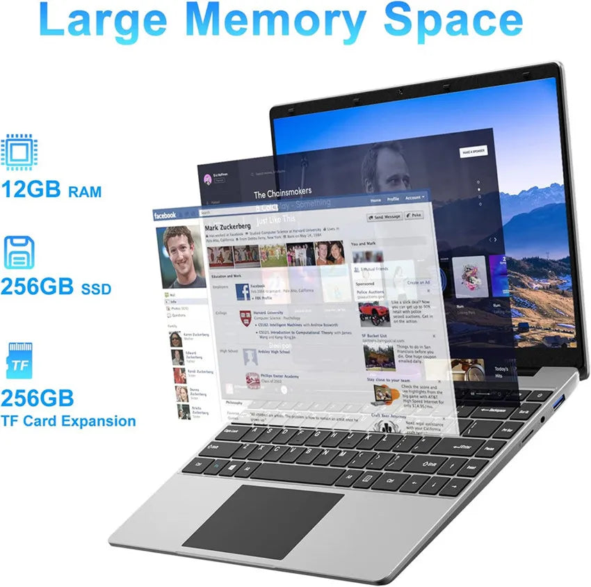 14 Inch  Windows 11 Computer Laptop PC 12GB LPDDR4 RAM 256GB SSD ROM  4-Core Processor WIFI 1080p FHD IPS Screen with Celeron