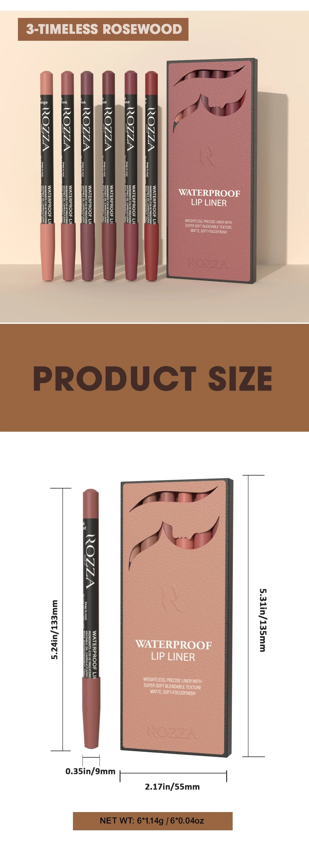 Rozza Waterproof Lip Liner Pencil Set, Weightless Precise Liner with Super Soft Blendable Texture Matte Soft