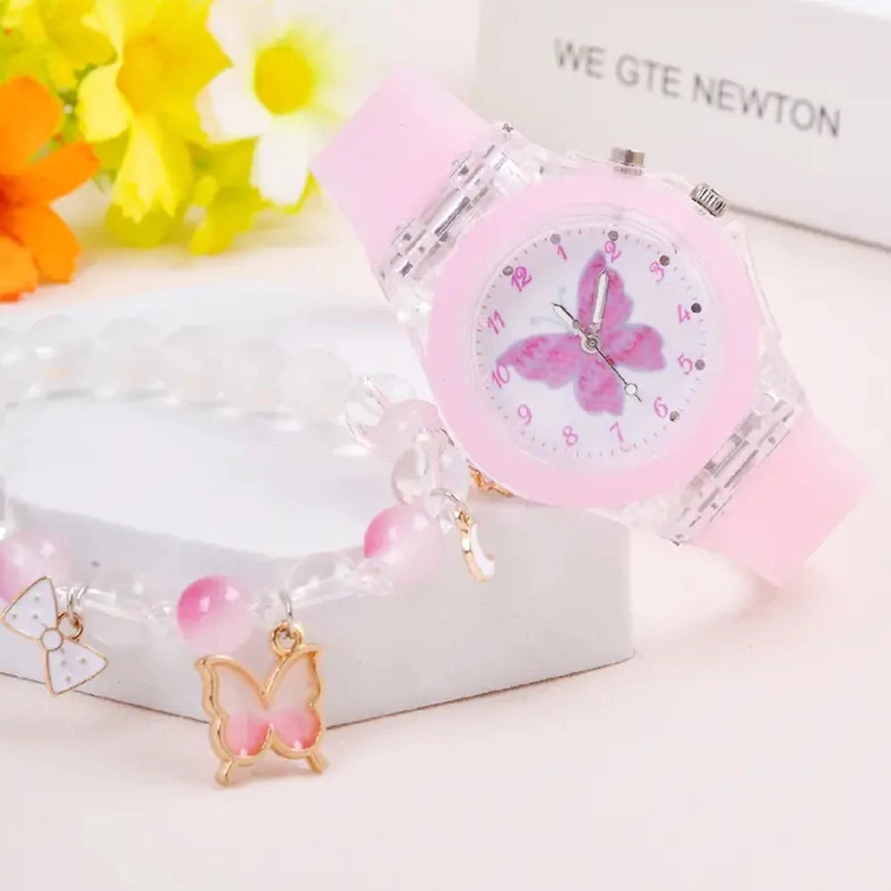 Fashion Butterfly Silicone Luminous Watch + Butterfly Beaded Bracelet