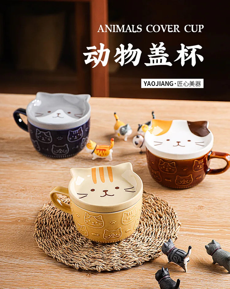 Japanese Ceramic Cartoon Animal Mug Cute Home Breakfast Mug Office Coffee Mug Couple Water Cup With Lid