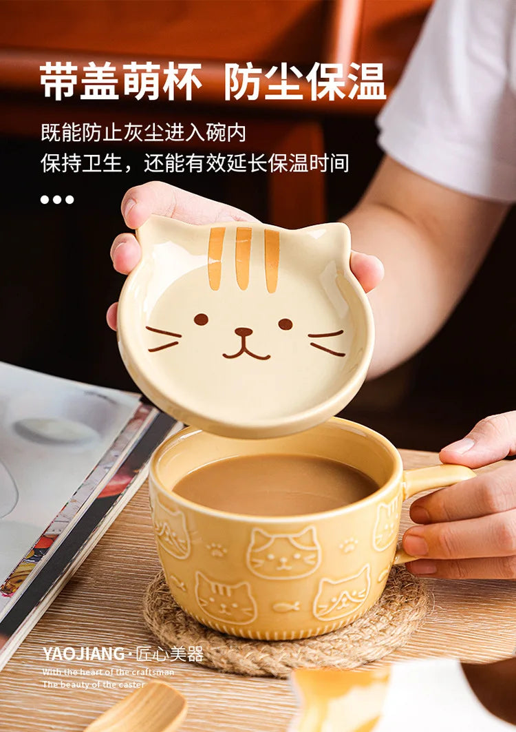 Japanese Ceramic Cartoon Animal Mug Cute Home Breakfast Mug Office Coffee Mug Couple Water Cup With Lid