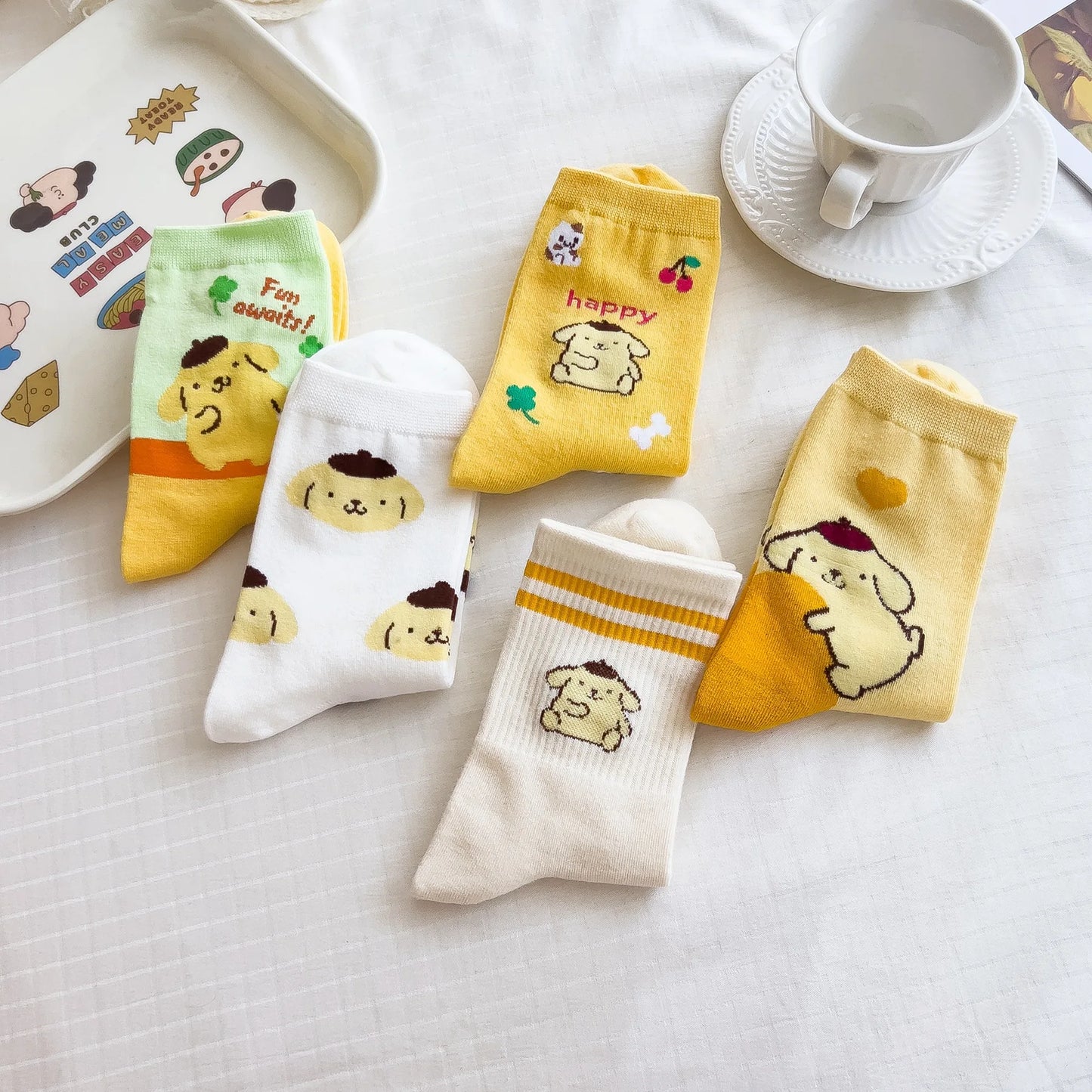 Sanrio Mymelody Cinnamoroll Pom Pom Purin Mid Length Socks Ins Breathable Minimal Design Leisure Sports Socks Girls Gifts Lovely