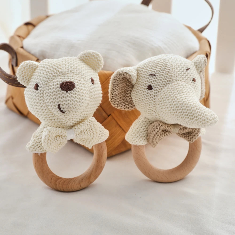 Baby Rattle Toys Cute Bear Crochet Animal Toys Cartoon Wooden Teether Baby Mobile Crib Product Wooden Newborn Rattle Toys