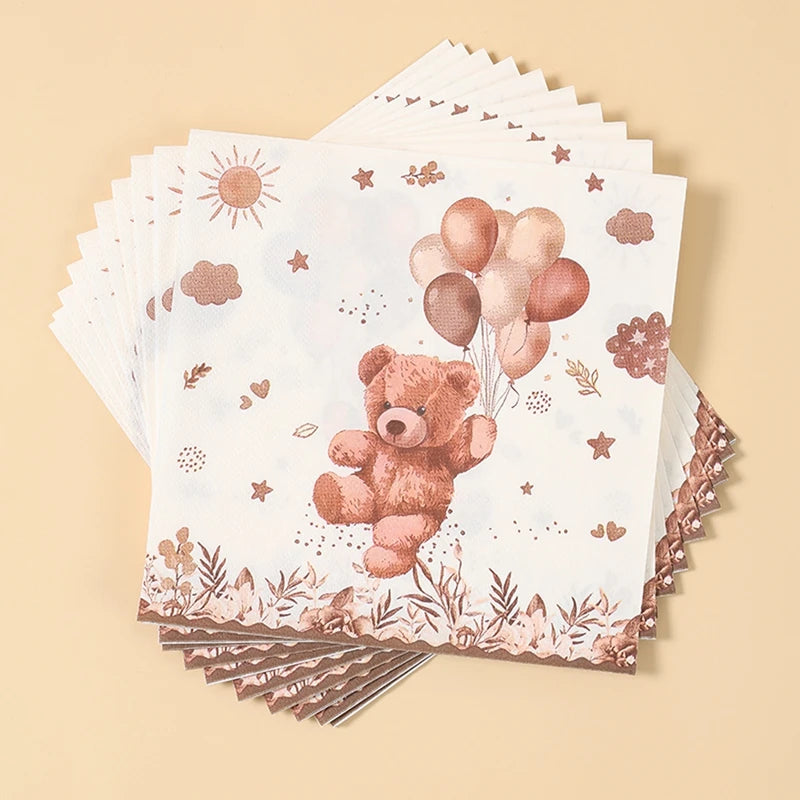 20/24pcs Disposable Tableware Brown Teddy Bear Balloon Paper Napkin Happy Birthday Party Decor Kid Boy Girl Baby Shower Supplies