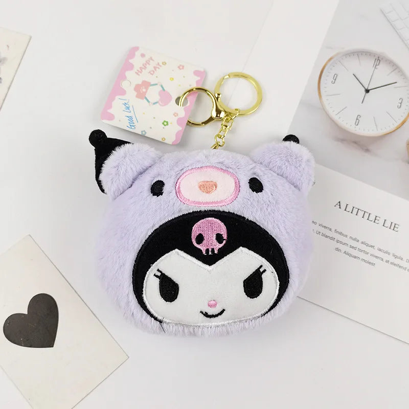 Sanrio Kuromi Plush Keychain Wallet Melody Cinnamoroll Plushies Coin Purse Earphone Organizer Bag Pendant Key Ring Girls Gifts