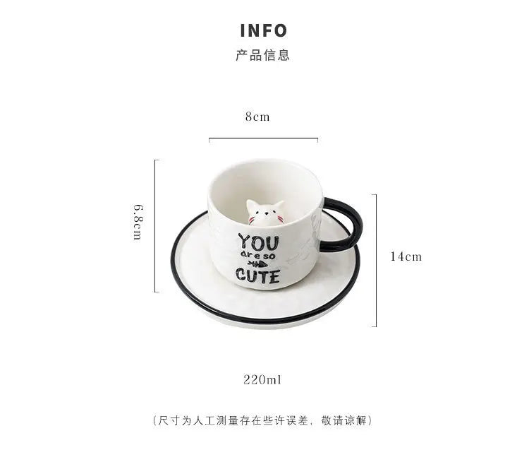 Creative Cartoon Relief Ceramic Cup Animal Inside Mug Kitty Cat Coffee Cup Milk Coffee Mug with Tray