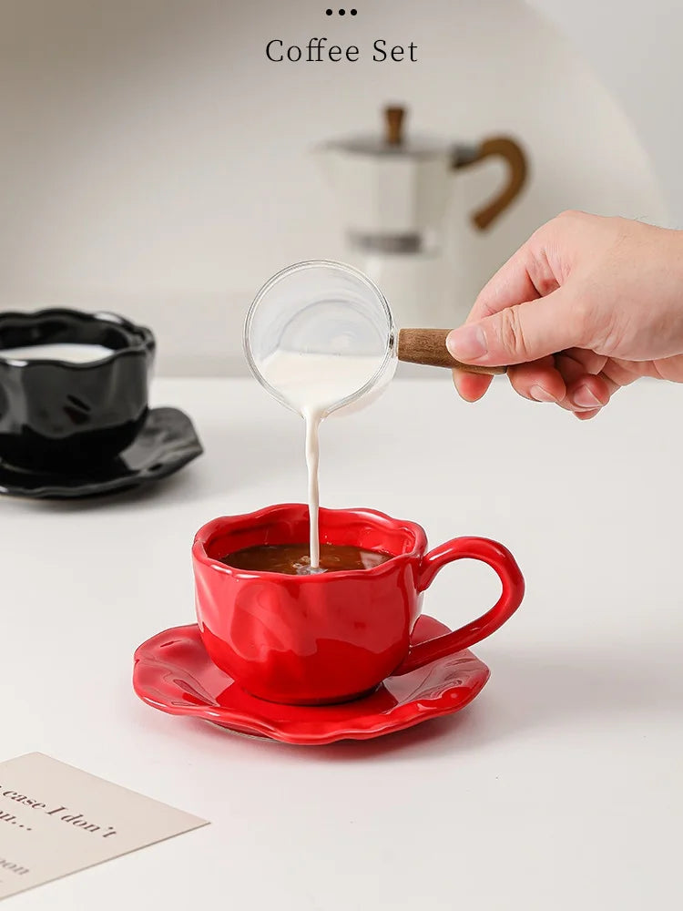 200ml Black Red Macaroon Creative Hand Squeezed Pinched Ceramic Coffee Mug Cup With Saucer For Cafe Restaurant Table Decor 1 PC
