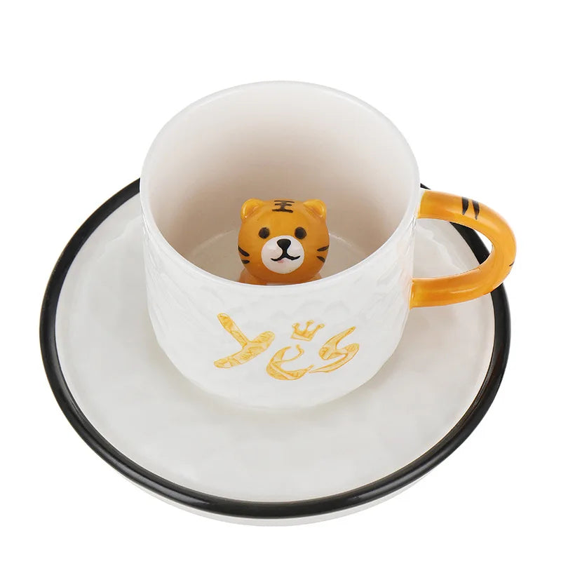 Creative Cartoon Relief Ceramic Cup Animal Inside Mug Kitty Cat Coffee Cup Milk Coffee Mug with Tray