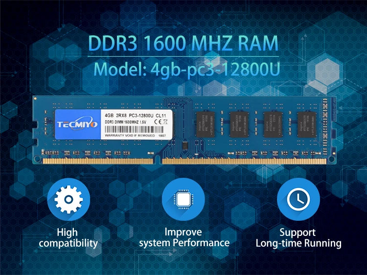 TECMIYO 4GB 8GB Desktop Memoria Ram DDR3 DDR3L 1600MHz 1333MHz PC3-12800U PC3-10600 DIMM 1.5V 1.35V 2RX8 Non-ECC Memory - Blue