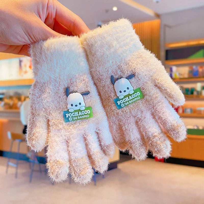 Sanrio Gloves Kawaii My Melody Kuromi Cold-Proof Winter Finger Gloves Plush Screen Touch Warm Children Toddler Christmas Gifts