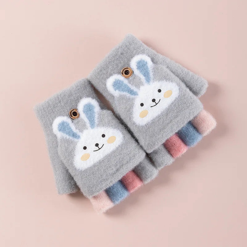 4-11 year old cartoon bunny five finger children's gloves winter thick half finger flip knitted gloves winter new warm gloves