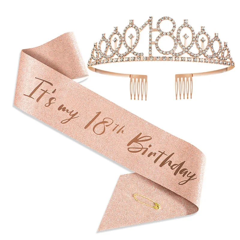 3 4 5 6 7 8 9 Rhinestone Crystal Crown Tiara Birthday Anniversary Decoration Happy Birthday Satin Sash Party Supplies