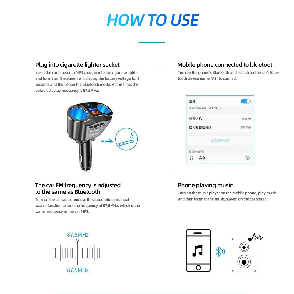 Car Cigarette Lighter Splitter Charger Dual USB QC 3.0 Quick Charge 12V Auto FM Transmitters Bluetooth Hands-free Call Sockets