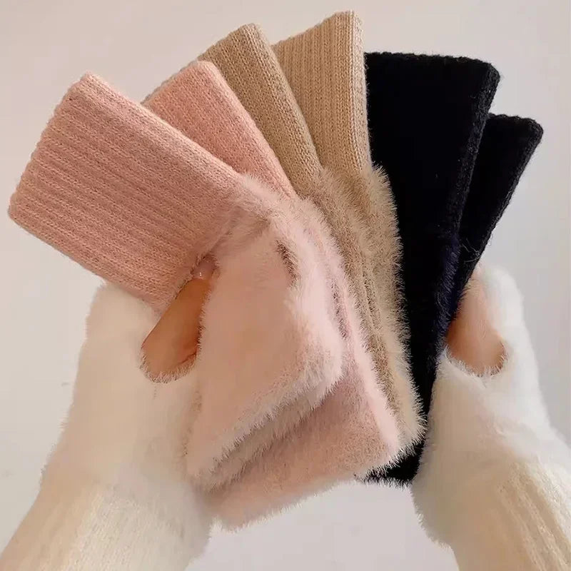 Women's soft mink wool middle finger gloves, solid black plush knitted wrist gloves, luxurious warmth, no fingers, writing, wint