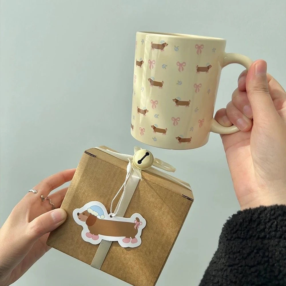 340ml Korean Style Cute Dachshund Pattern Ceramic Mug With Handle Coffee Cup Oatmeal Breakfast Mug Kitchen Drinkware