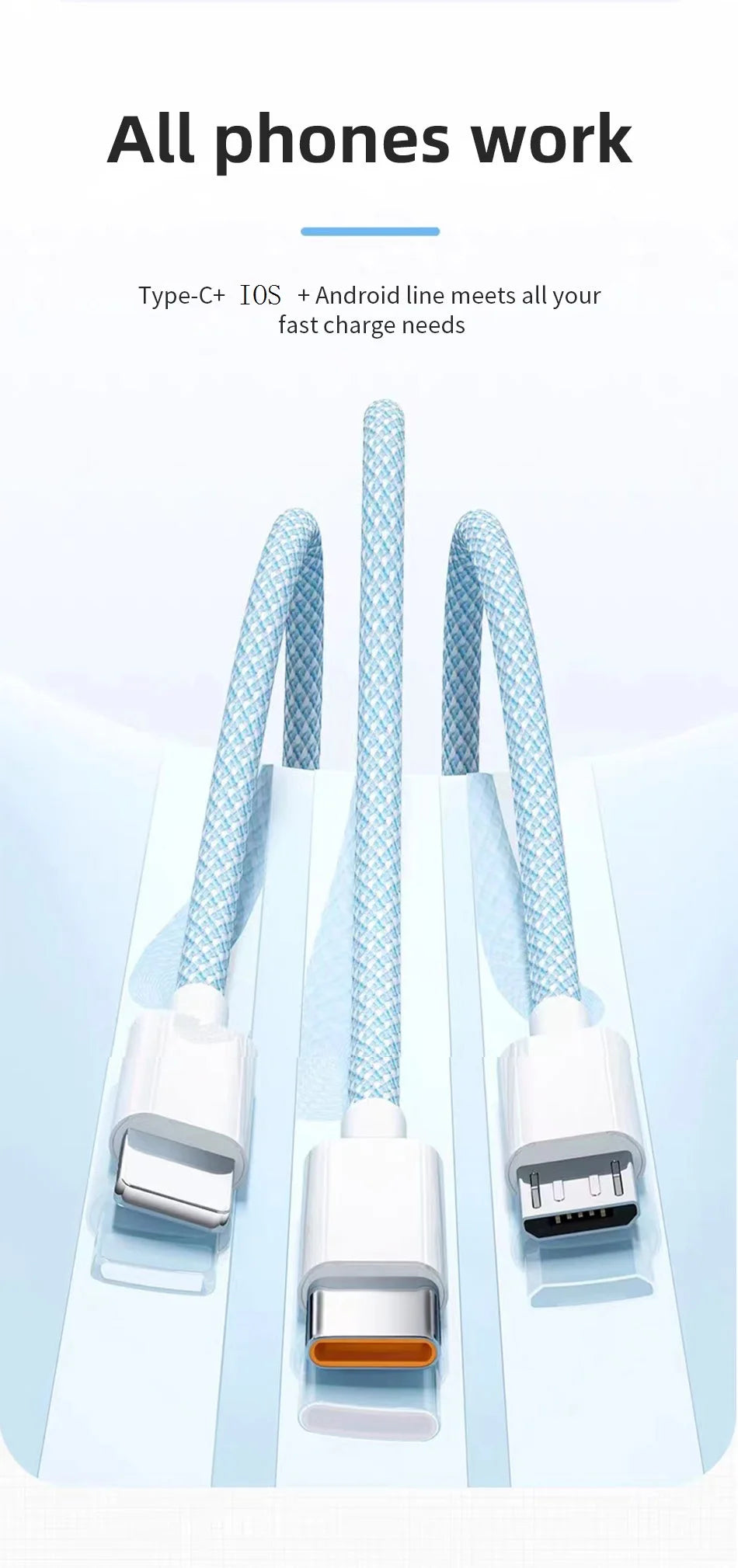 66W 3 In 1 Fast Charging Cable 6A Micro USB Type C Data Cable For Xiaomi Super Fast Charger Nylon Braid Cable 1.2M/2M/3M