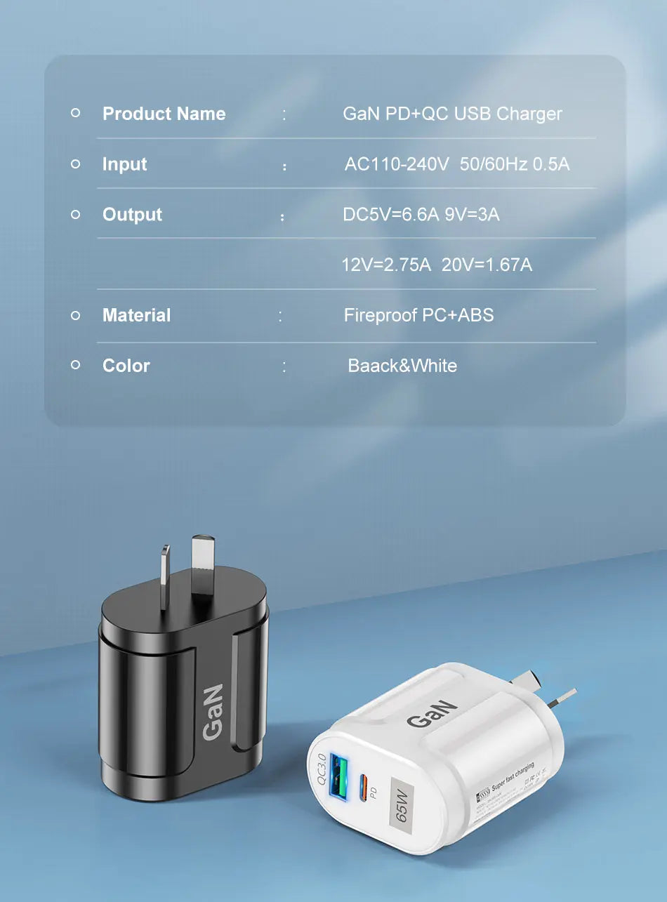 USLION 65W GaN USB Charger AU EU US UK Plug Fast Charging Tablet Laptop USB C Quick Charge QC 3.0 Mobile Phone Charger Travel