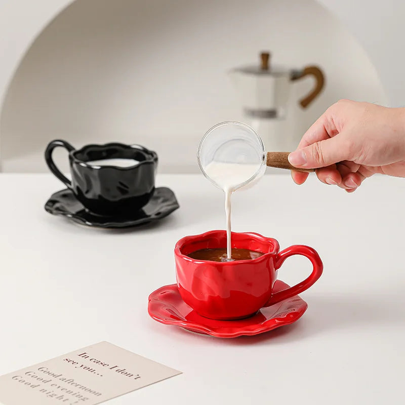 200ml Black Red Macaroon Creative Hand Squeezed Pinched Ceramic Coffee Mug Cup With Saucer For Cafe Restaurant Table Decor 1 PC
