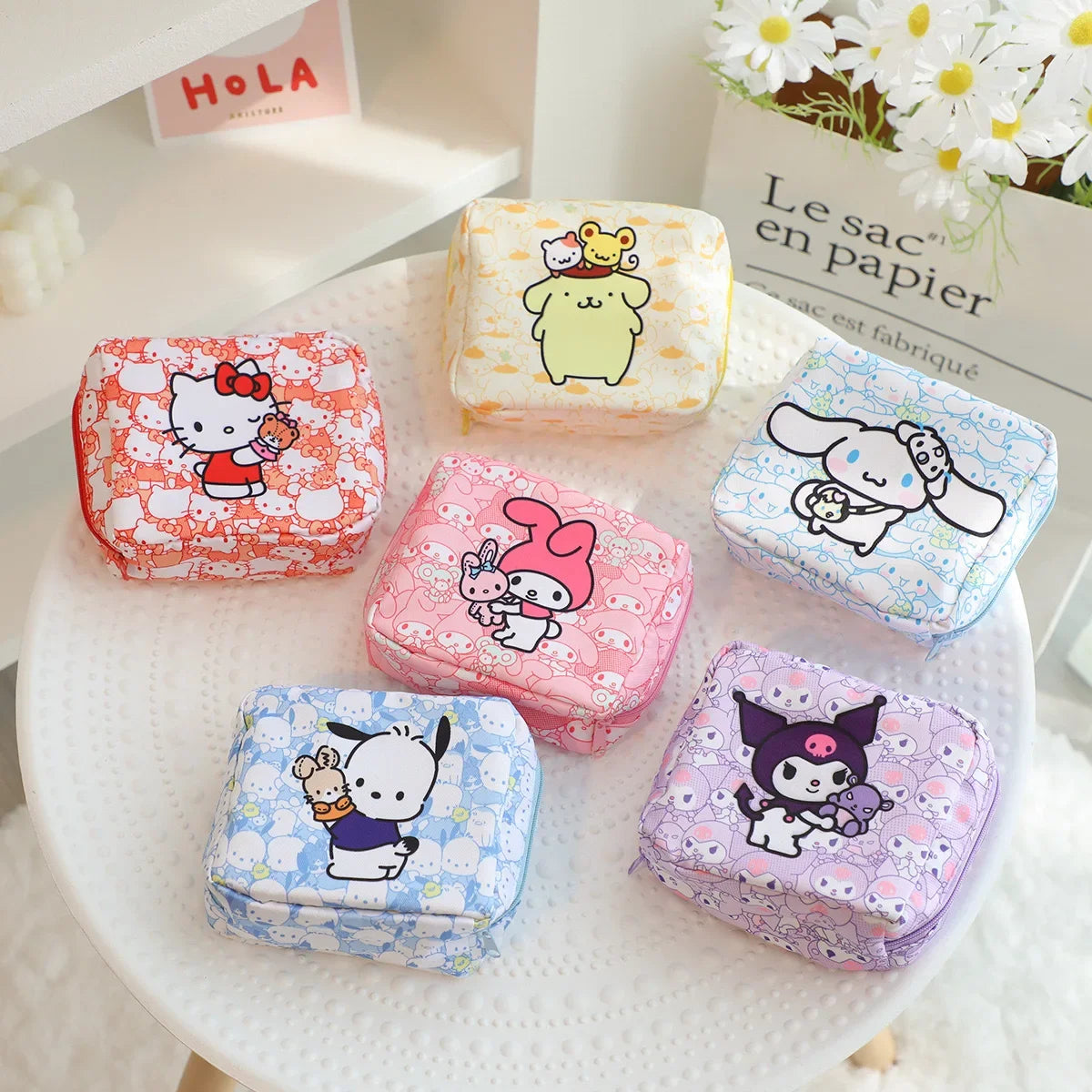 Kawaii Cartoon Kuromi My Melody Hello Kitty Menstrual Bag Cute Girly Purse Portable High Capacity Sanitary Napkin Storage Bag