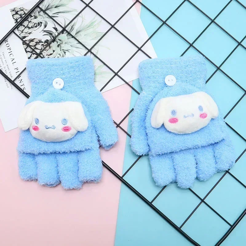 Sanrio Kuromi Childrens' Gloves Kawaii Hello Kitty Y2k Knitted Half-finger Flip Gloves Handwrite Melody Cartoon Cute Students'