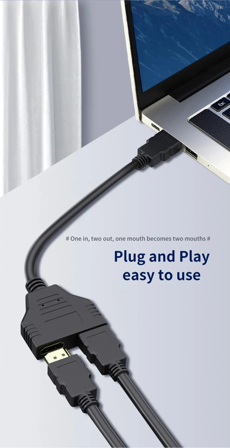 1 In 2 Out HDMI-compatible Splitter Cable 1080P 2 Dual Port Hdmi-Compatible Cable Y Splitter Adapter for Laptop Monitor TV Box