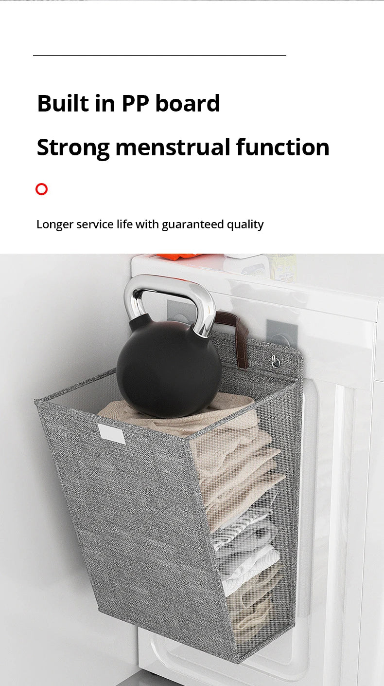 1pc Foldable Adhesive Laundry Basket Hamper, Multifunctional Punch Free Wall Hanging Washing Clothes Mesh Hook Organizer