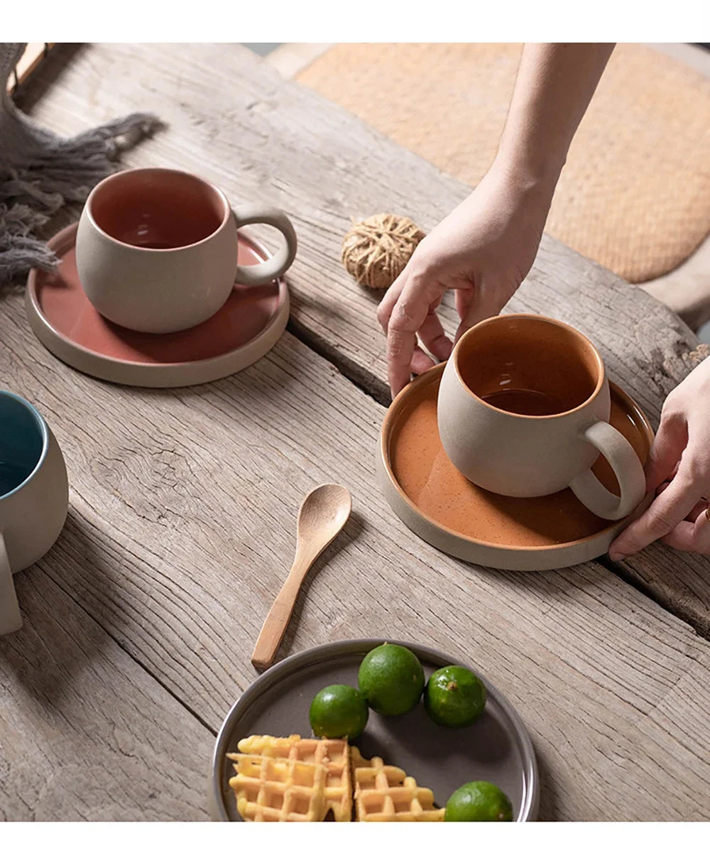 Pottery Mug For Latte Cappuccino Milk Juice Cocoa Cups With Dish 300ml