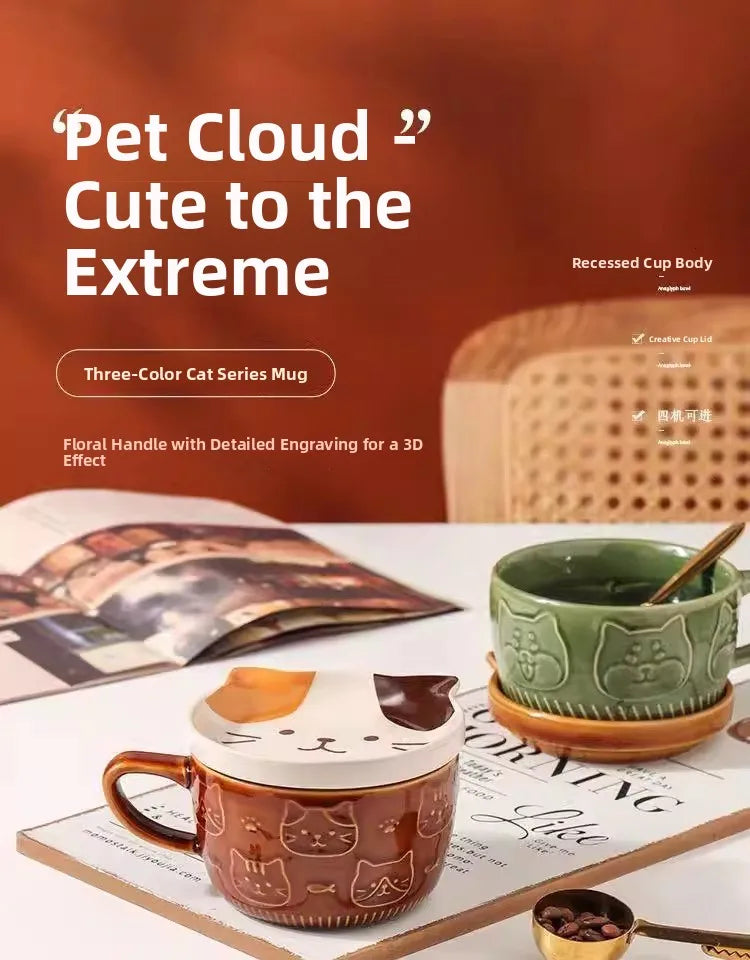 Japanese Sle Cerc Couple Mugs with Lid Dog And  Design Breakfast Cups Hand-Painted Animal Patterns 350ml Capaci