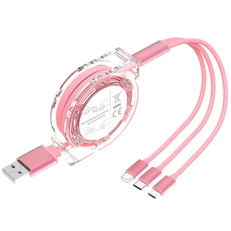 3 in 1 Retractable Data USB Cable for iPhone Charger Fast Wire Charging Cable For Android Phone Type C Xiaomi Huawei Samsung