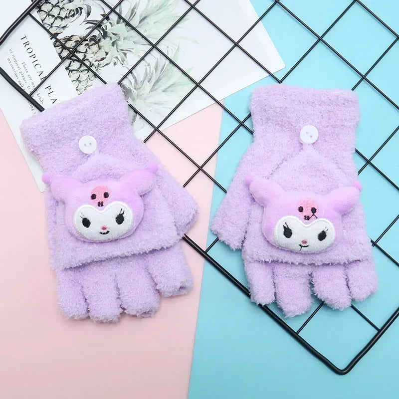 Sanrio Kuromi Childrens' Gloves Kawaii Hello Kitty Y2k Knitted Half-finger Flip Gloves Handwrite Melody Cartoon Cute Students'