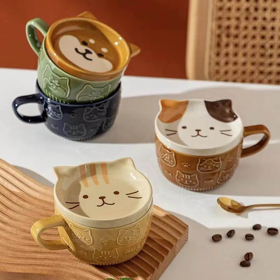 Japanese Sle Cerc Couple Mugs with Lid Dog And  Design Breakfast Cups Hand-Painted Animal Patterns 350ml Capaci
