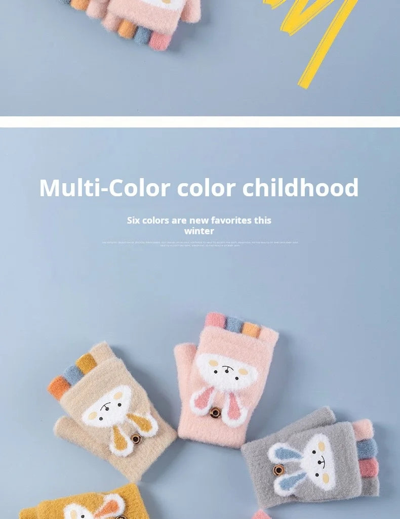 4-11 year old cartoon bunny five finger children's gloves winter thick half finger flip knitted gloves winter new warm gloves