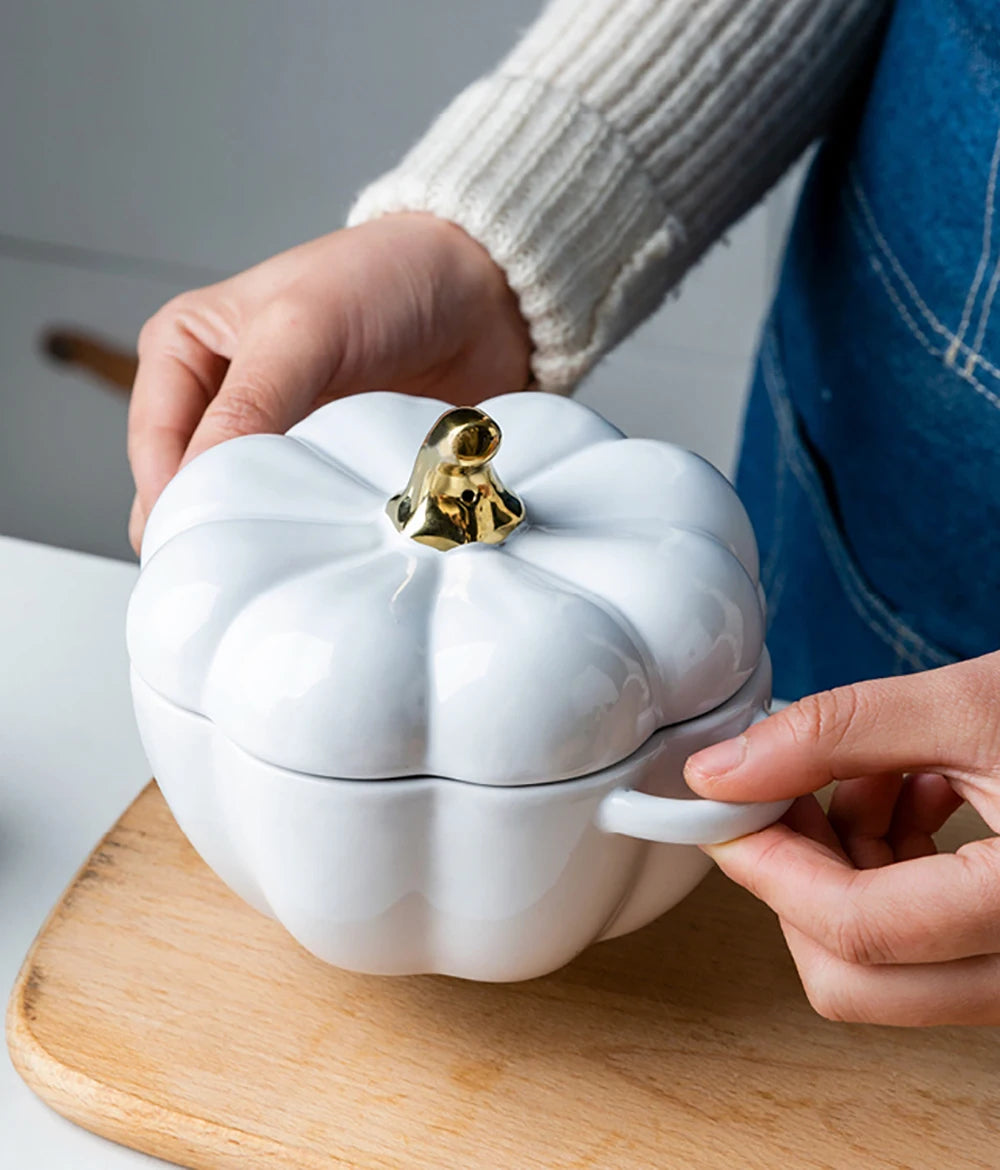 Pumpkin Shape Bowl With Lid Ceramic Soup Salad Cereal Bowl Bakeware Oven Baking Pan Kitchen Halloween Party Festival Decoration