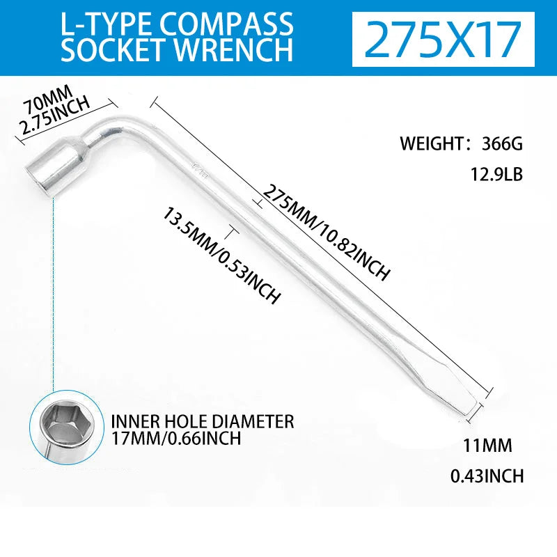 Car Spare Tire Lug Wrench - L type Hexagonal Head 17/19/21mm Slotted End Socket Repair Tool, Standard Tire Wrench