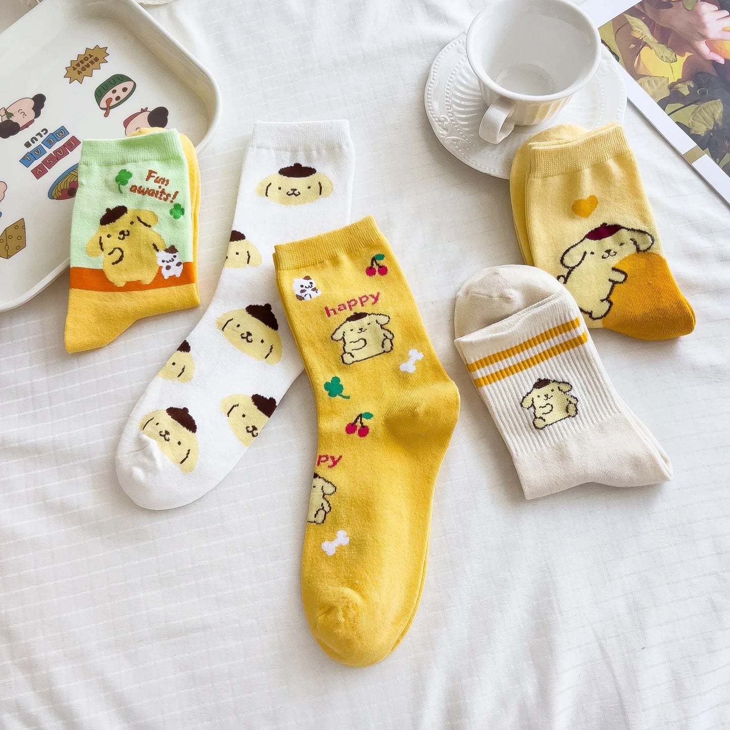 Sanrio Mymelody Cinnamoroll Pom Pom Purin Mid Length Socks Ins Breathable Minimal Design Leisure Sports Socks Girls Gifts Lovely