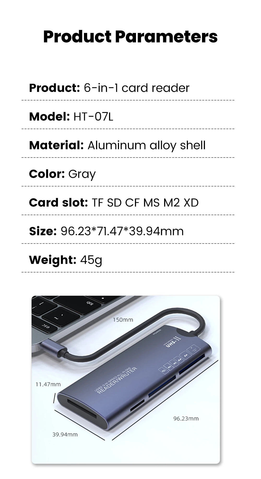 6 in 1 USB2.0 Multifunctional Reader SD/TF/XD/CF/M2 Memory Card Adapter Suitable For Cameras Computers High-speed Data Transfer