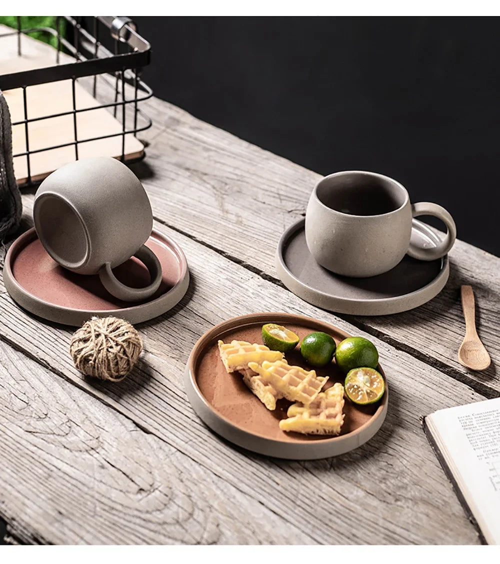 Pottery Mug For Latte Cappuccino Milk Juice Cocoa Cups With Dish 300ml