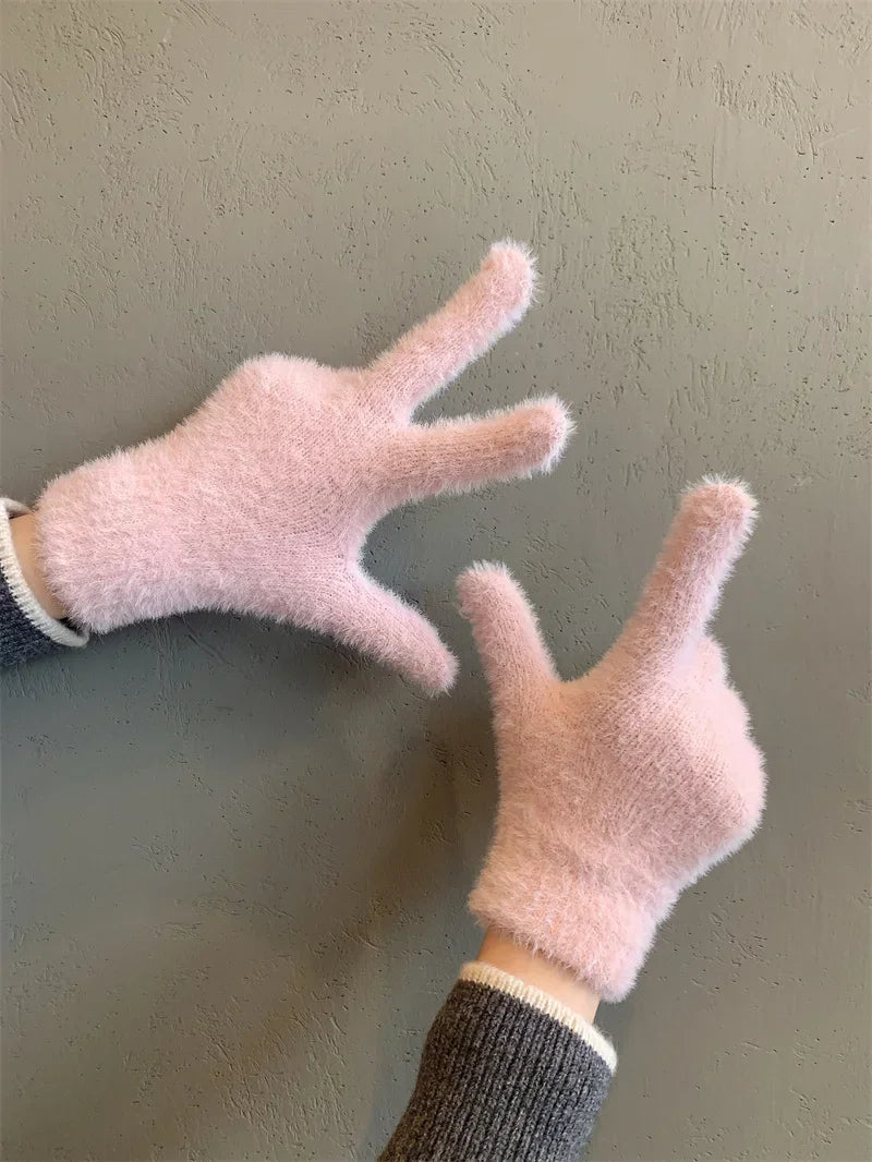 Fashion Winter Mink Velvet Five Finger Gloves Plush Warm Cold-proof Gloves Women Outdoors Cycling Solid Color Wistiti Mittens